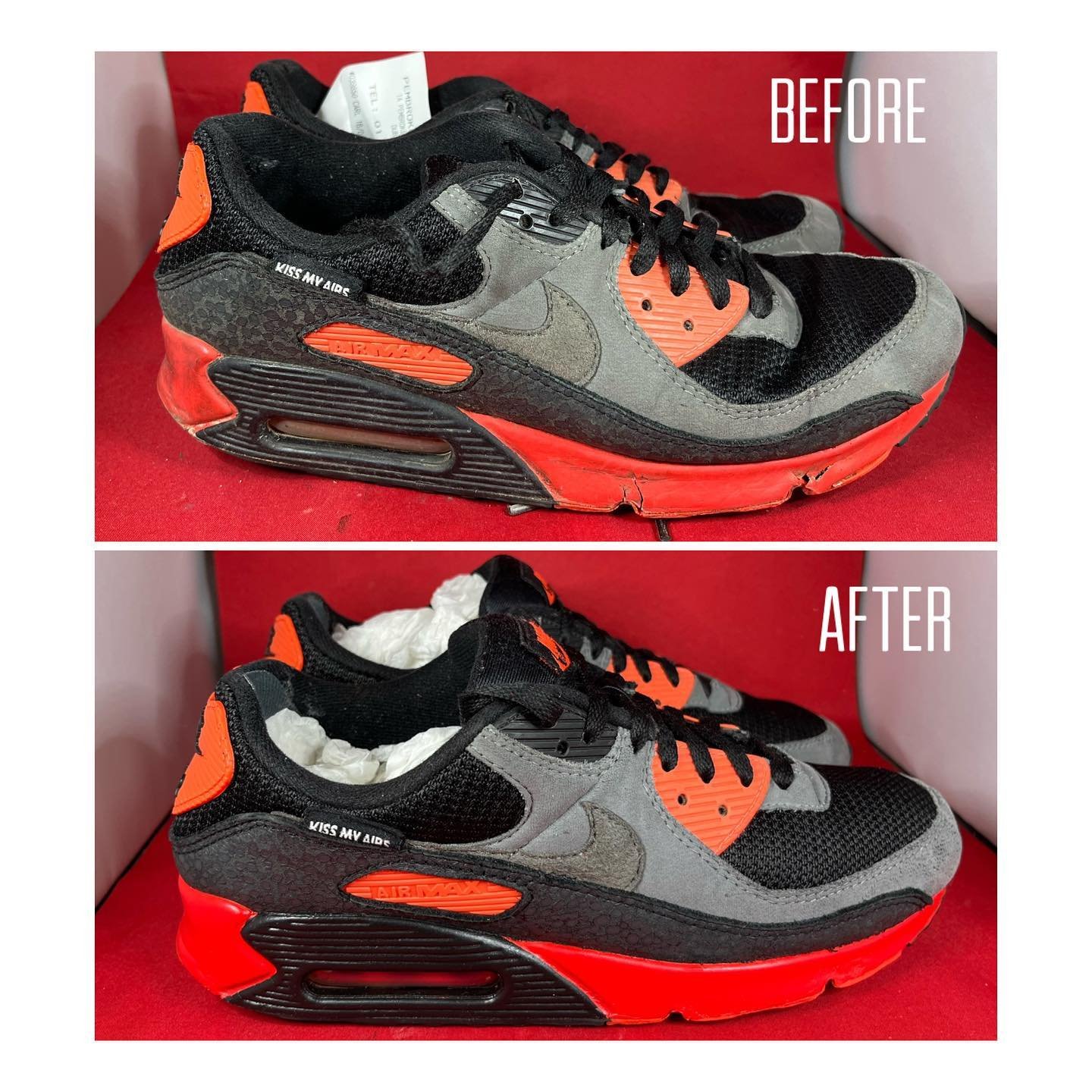 My client always wanted a pair of these #airmax90s and when he eventually got his hands on a pair he wore  them down so much that he couldn&rsquo;t wear them any more. We&rsquo;ve got this!! Deep cleaned. Filled all the cracks in the midsoles and did