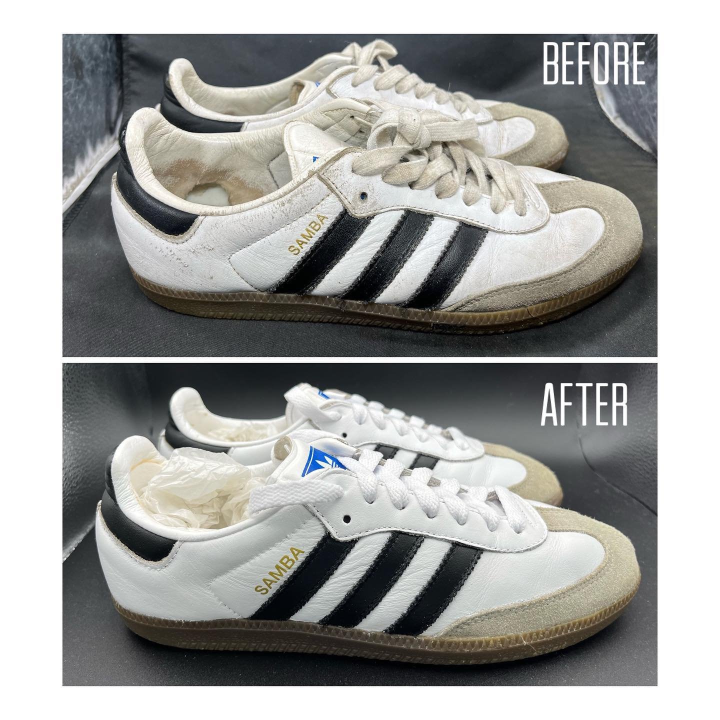 @adidasoriginals Samba looking a lot better after a bit of time with us!! They&rsquo;ve been cleaned. Fully Repainted. New logos and laces. We also Reglued parts of the midsole to stop it getting worse!! Don&rsquo;t bin your favourite kicks. Let us r