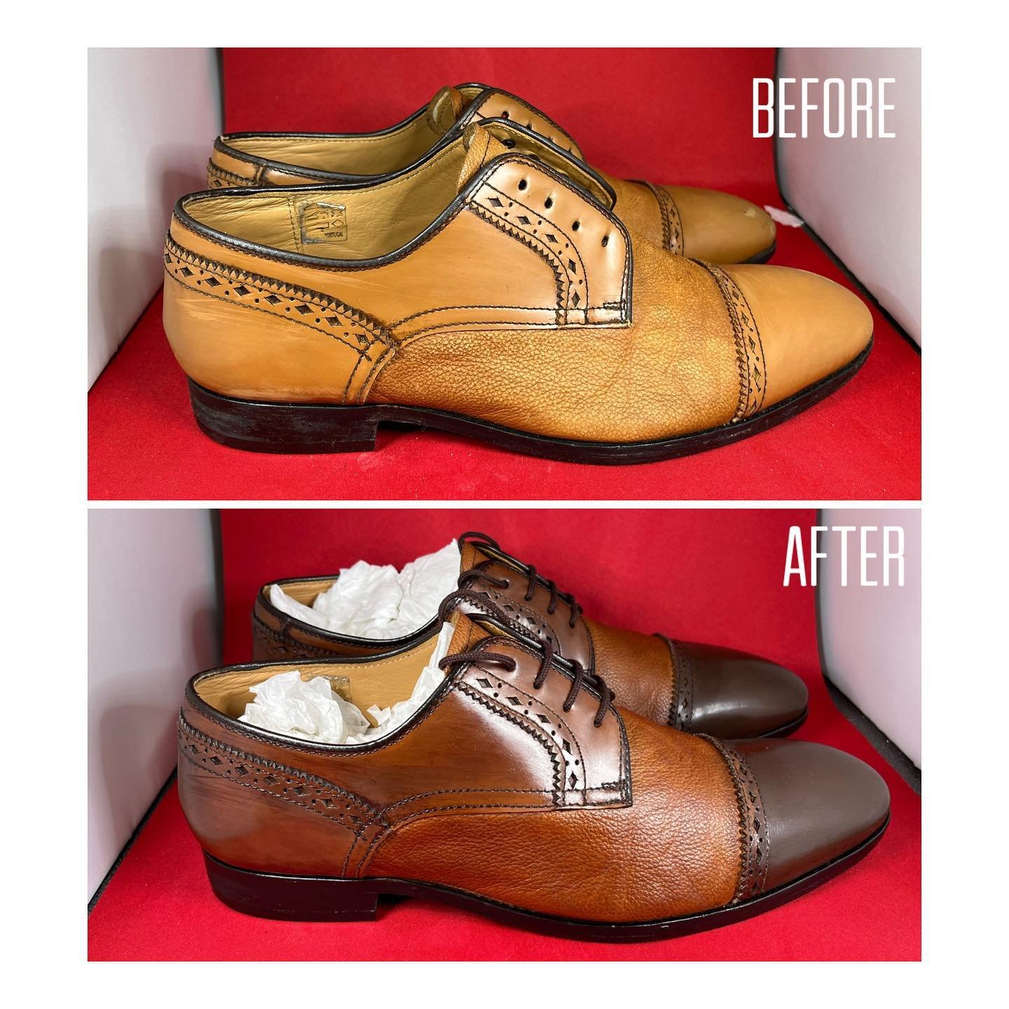 Same shoes. Different look!! The toe box has a few little chunks gone out of them so we&rsquo;ve opted to fill them and paint the toe. Have used dyes and waxes everywhere else. We think they look dapper!!! Don&rsquo;t bin your favourite kicks. Let us