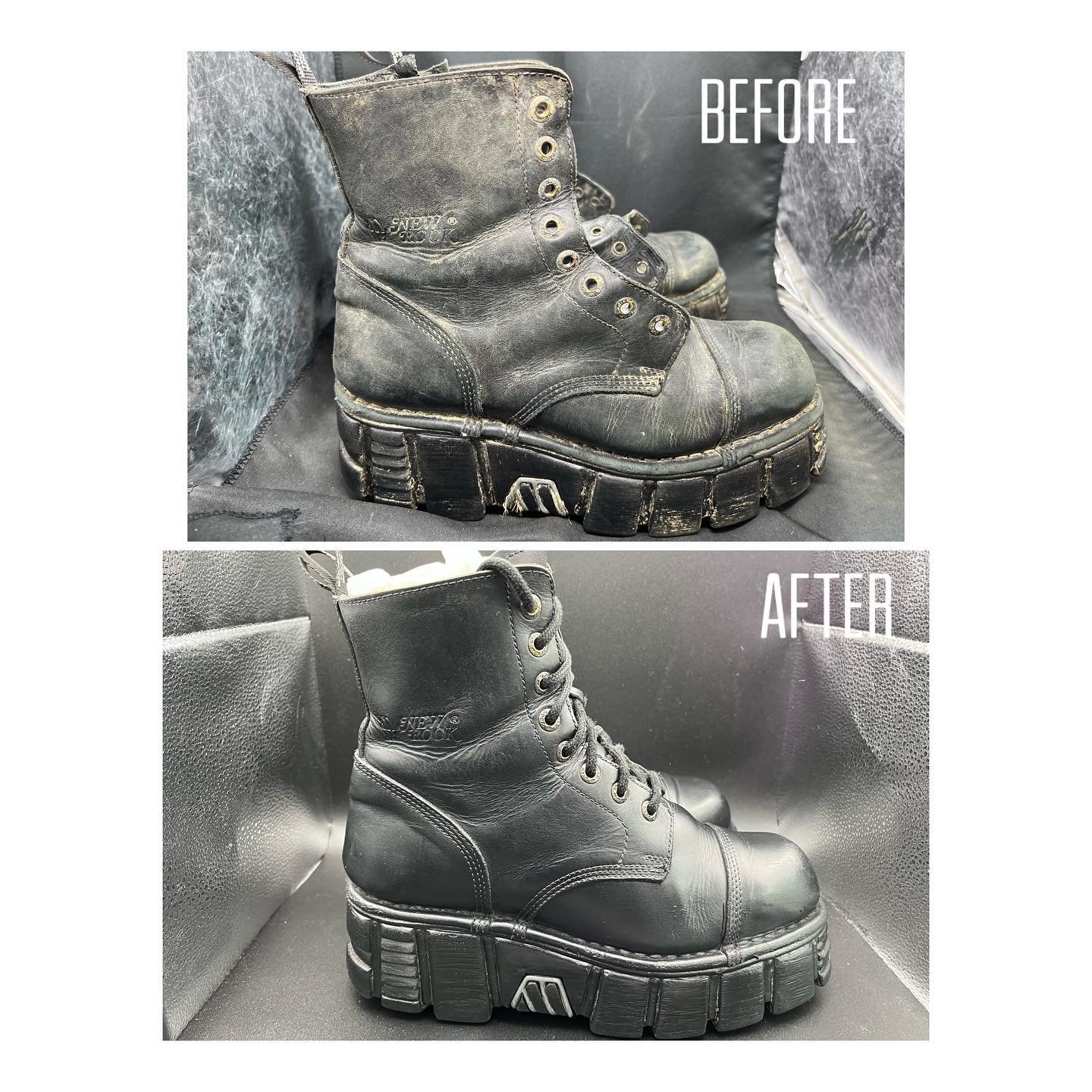 @newrock  Boots getting some serious tlc after a muddy festival!! Deep cleaned and reconditioned to looking their best again!! Don&rsquo;t bin your favourite kicks. Let us restore them!!! #justforkicks #boots #newrockboots #newrock #kicks #festivalbo