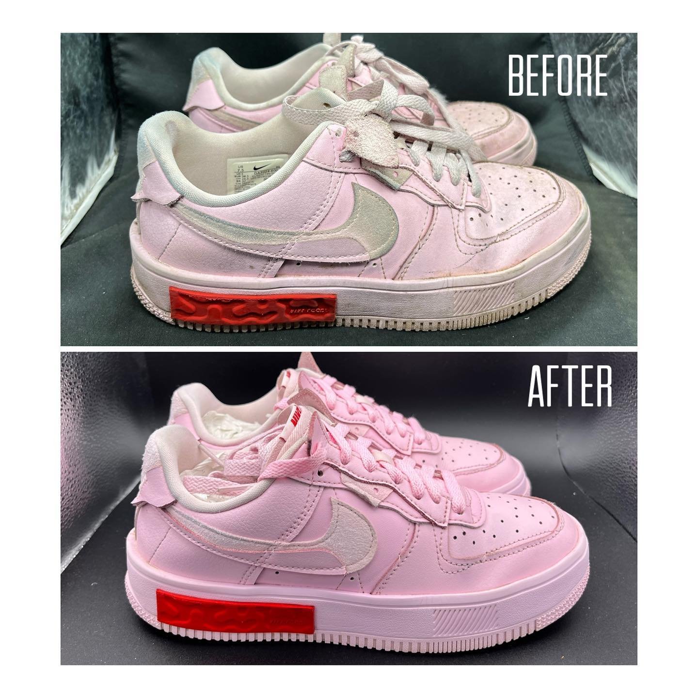 This is a great example as to why you shouldn&rsquo;t just go out and replace your shoes!! A good clean and the right technique has these #af1 looking new again. We&rsquo;ve also changed the laces for a brighter pink pair!! Don&rsquo;t throw them awa