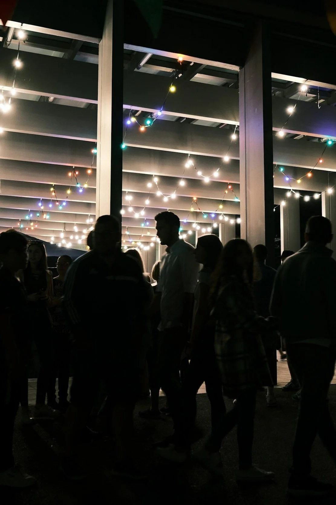 Group of people silhouetted against a background of colorful string lights at night.