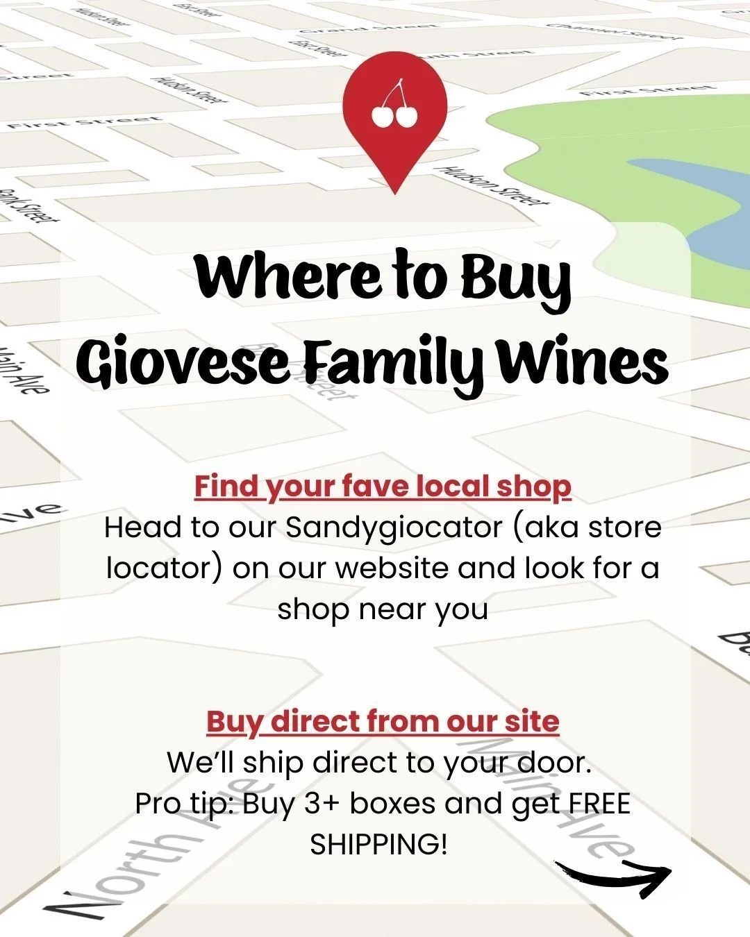 We're growing! 🤩🍷

Giovese Family Wines is now available in more states than ever! Find your fave local shop via our Store Locator, aka Sandygiocator, and grab a box (or all three flavors).

Not in our distribution area yet? No problem. Order direc
