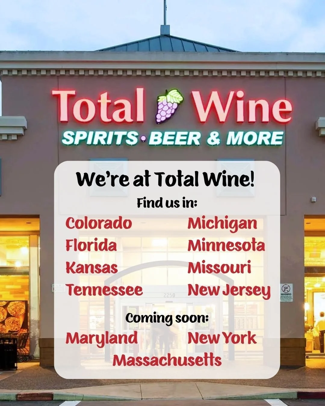We're beyond excited to share this news&mdash;Giovese Family Wines are officially at Total Wine in Colorado, Florida, Maryland, Kansas, Tennessee, Michigan, Minnesota, Missouri, and New Jersey! And coming soon to Maryland, New York, and Massachusetts