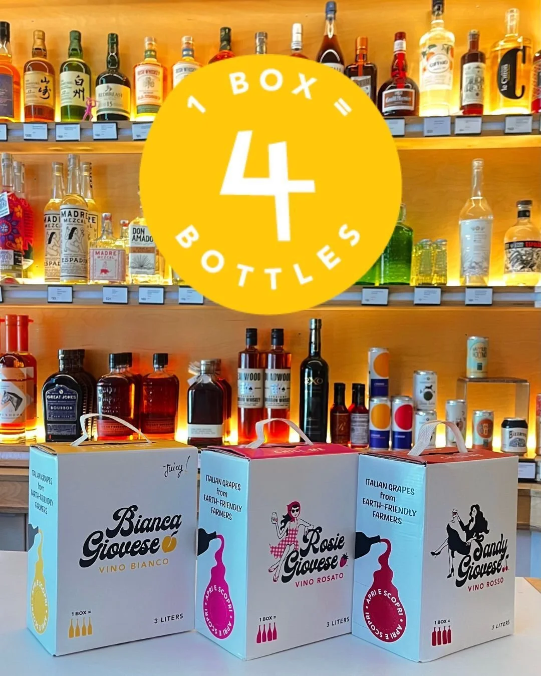 Check out that FOUR, friends!

While many boxed wines are packing just TWO bottles worth, we pack FOUR &mdash; organically farmed, zero-sugar, truly delicious Italian wine for $34.99. That's less than $9 a bottle, and we stay fresh for weeks.

You're