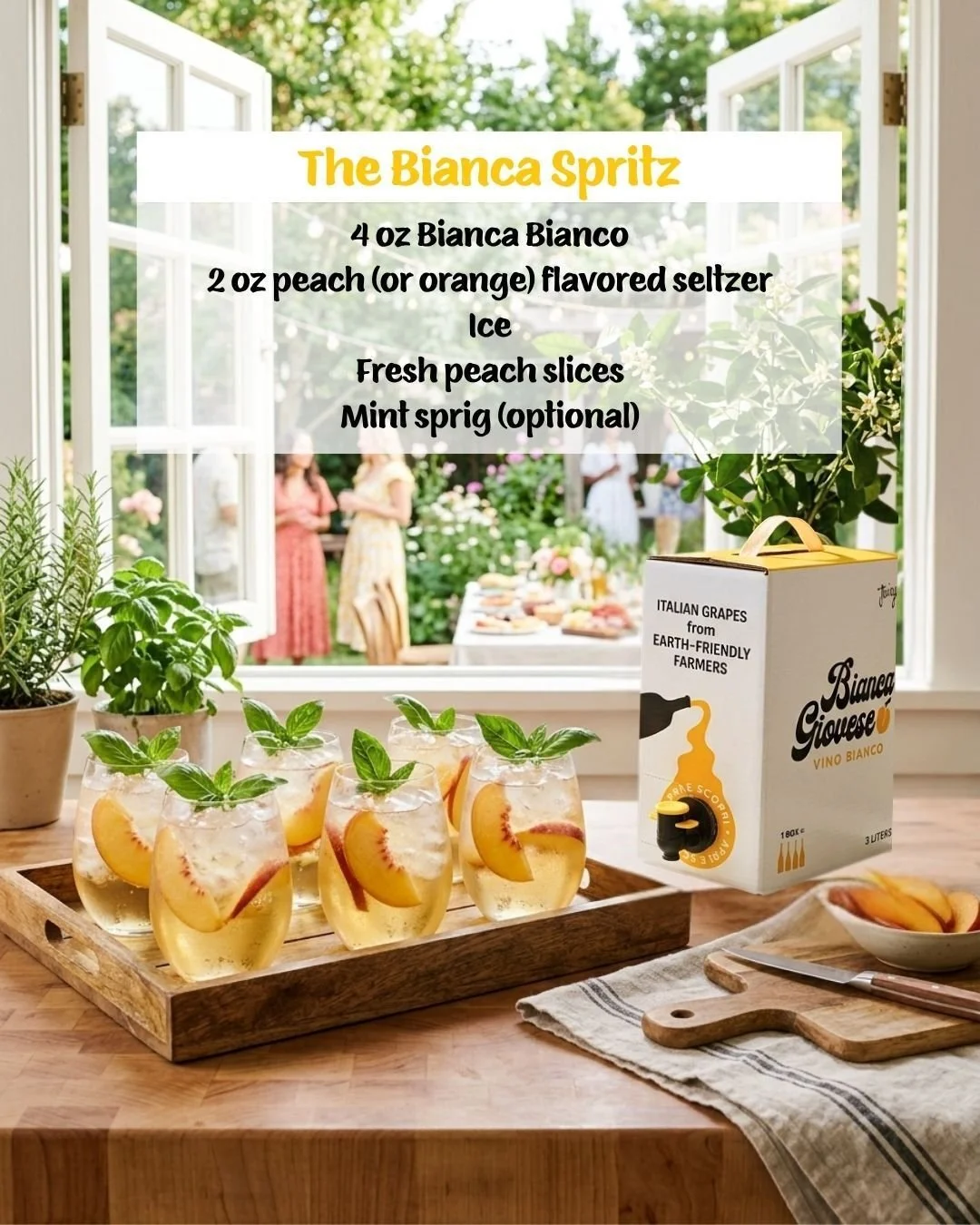 Who needs a great, inexpensive drink to serve at their next party? We've got you.

🍑 The Bianca Spritz 🍑
- 4 oz Bianca Bianco
- 2 oz peach (or orange) flavored seltzer
- Ice
- Fresh peach slices
- Mint sprig (optional)
- Pour Bianca over ice, top w