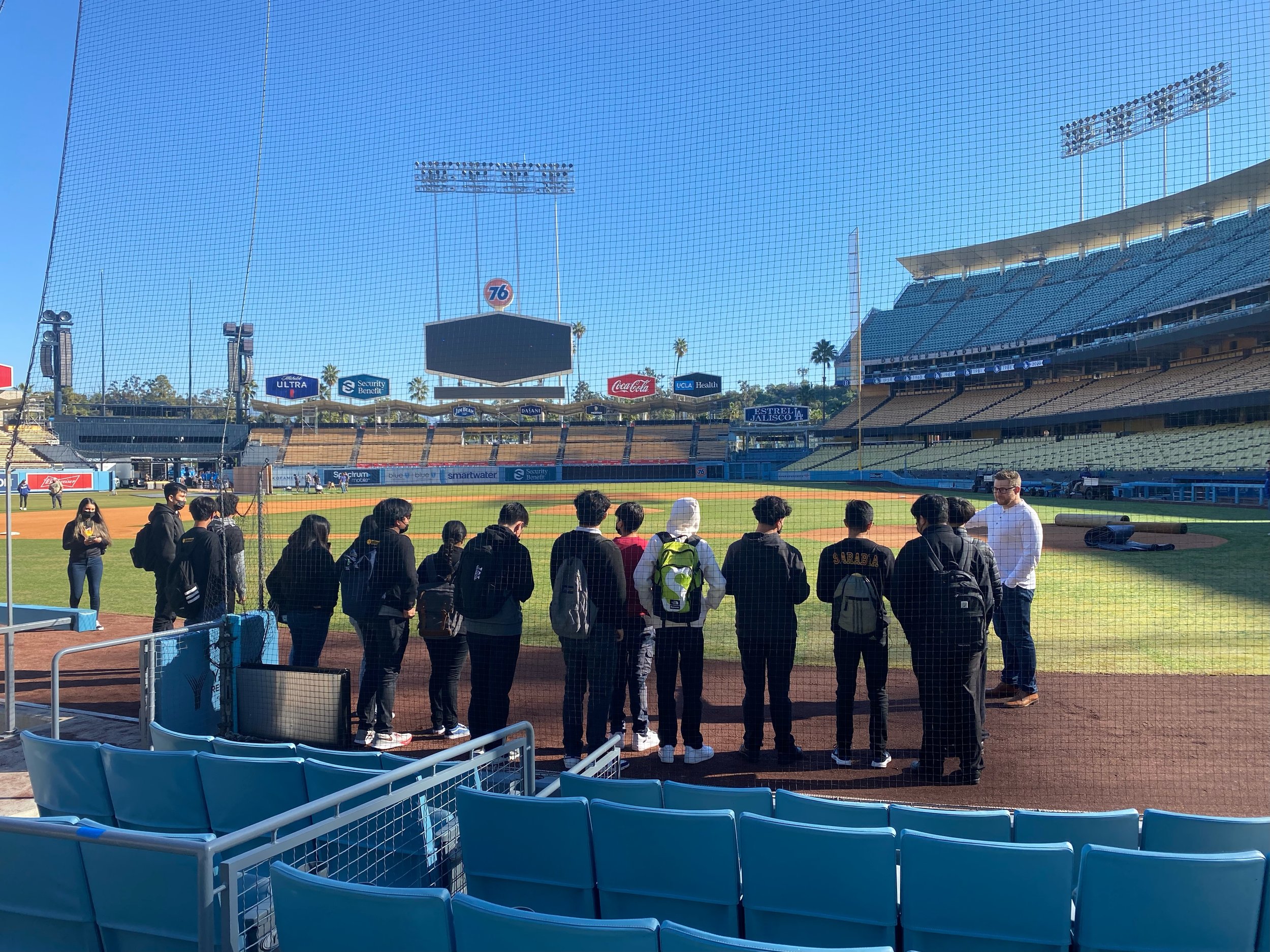 Students on the field of Dodger Stadium