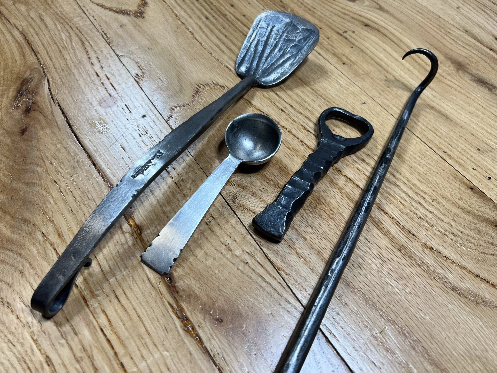 Hand-Forged Culinary Toolset: Steak Turner, Coffee Spoon, Bottle Opener, and Spatula