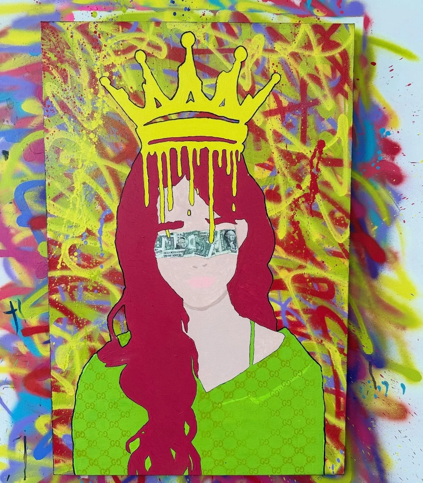 &ldquo;Blinded by the queens dreams&rdquo; 24&rdquo; X 36&rdquo; stretched canvas mixed media acrylic spray paint real dollar bills #artoftheday #artlife #popart #artist #art #mixedmedia #artcollectors #whoishd