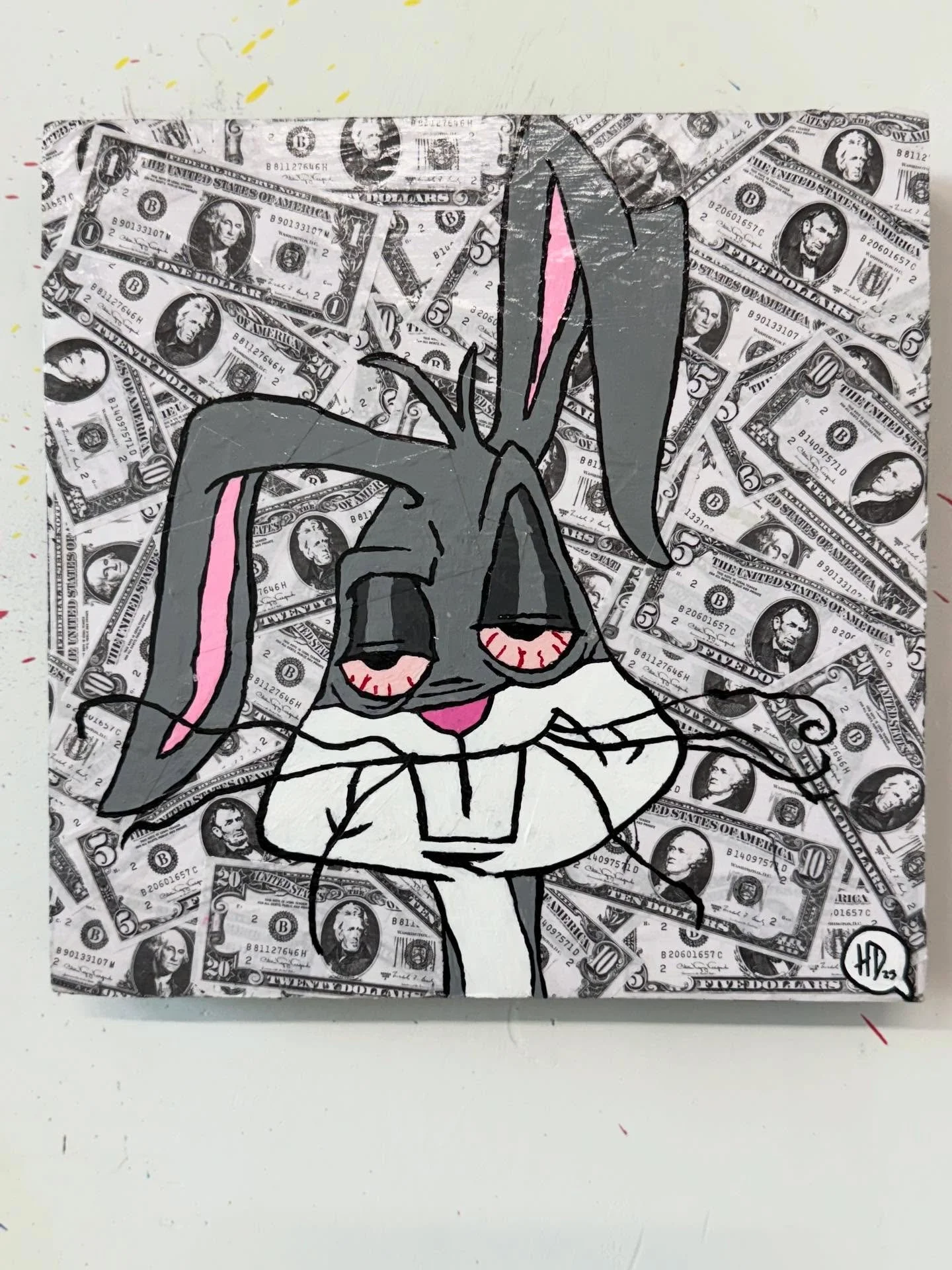 &ldquo; I&rsquo;m tired of chasing this shit&rdquo;  12&rdquo; X 12&rdquo; Wood panel mixed media  acrylic fake money collage #popart #collage #acrylic #art #artlovers #artforsale #metroartstudios #connecticutartist #connecticutart #whoishd