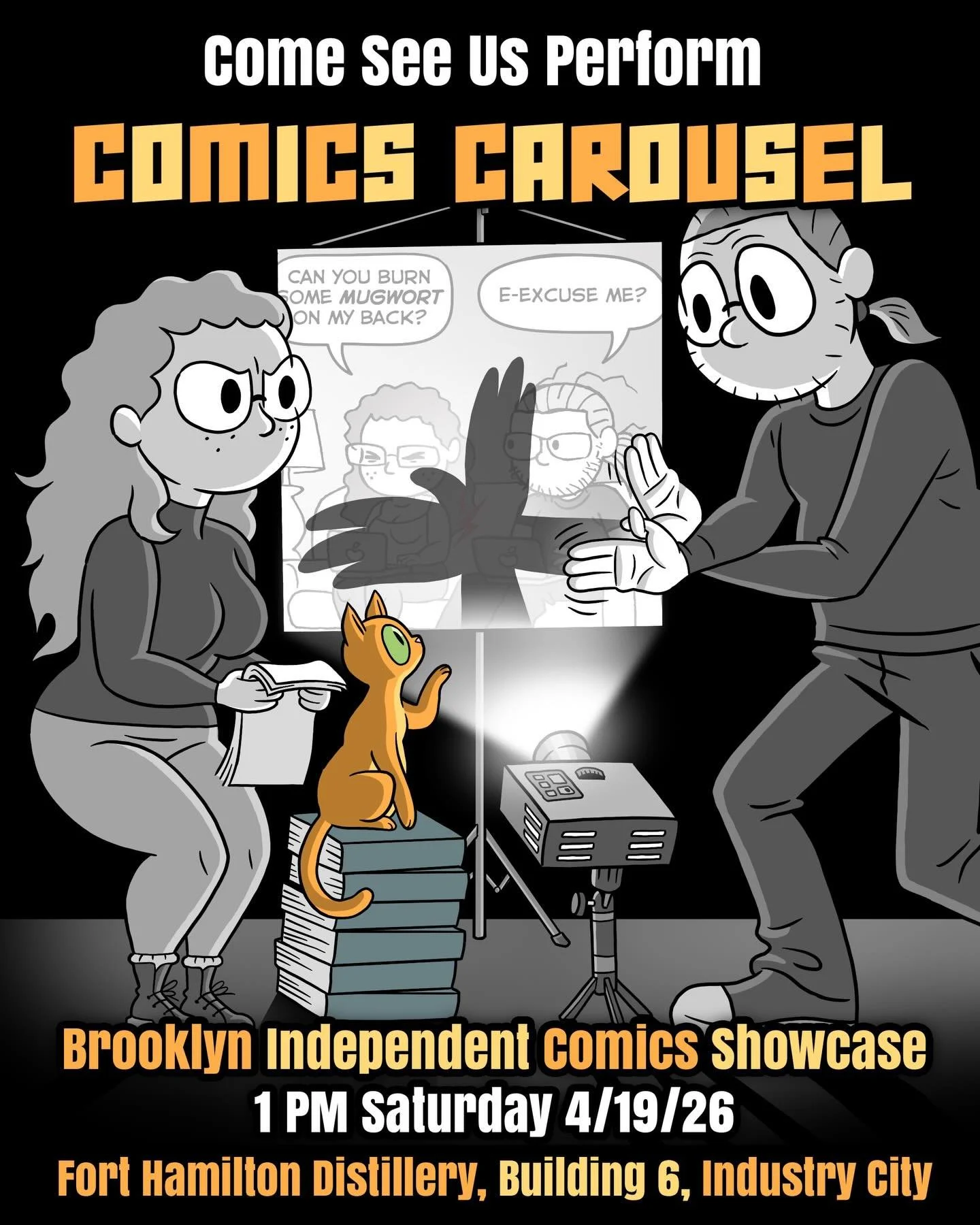 We&rsquo;re very excited to announce we&rsquo;ll be performing our comics at the Comics Carousel at the Brooklyn Independent Comics Showcase, coming up at Industry City, Brooklyn. @bicsbrooklyn 
The Comics Carousel will happen on Saturday, April 18th
