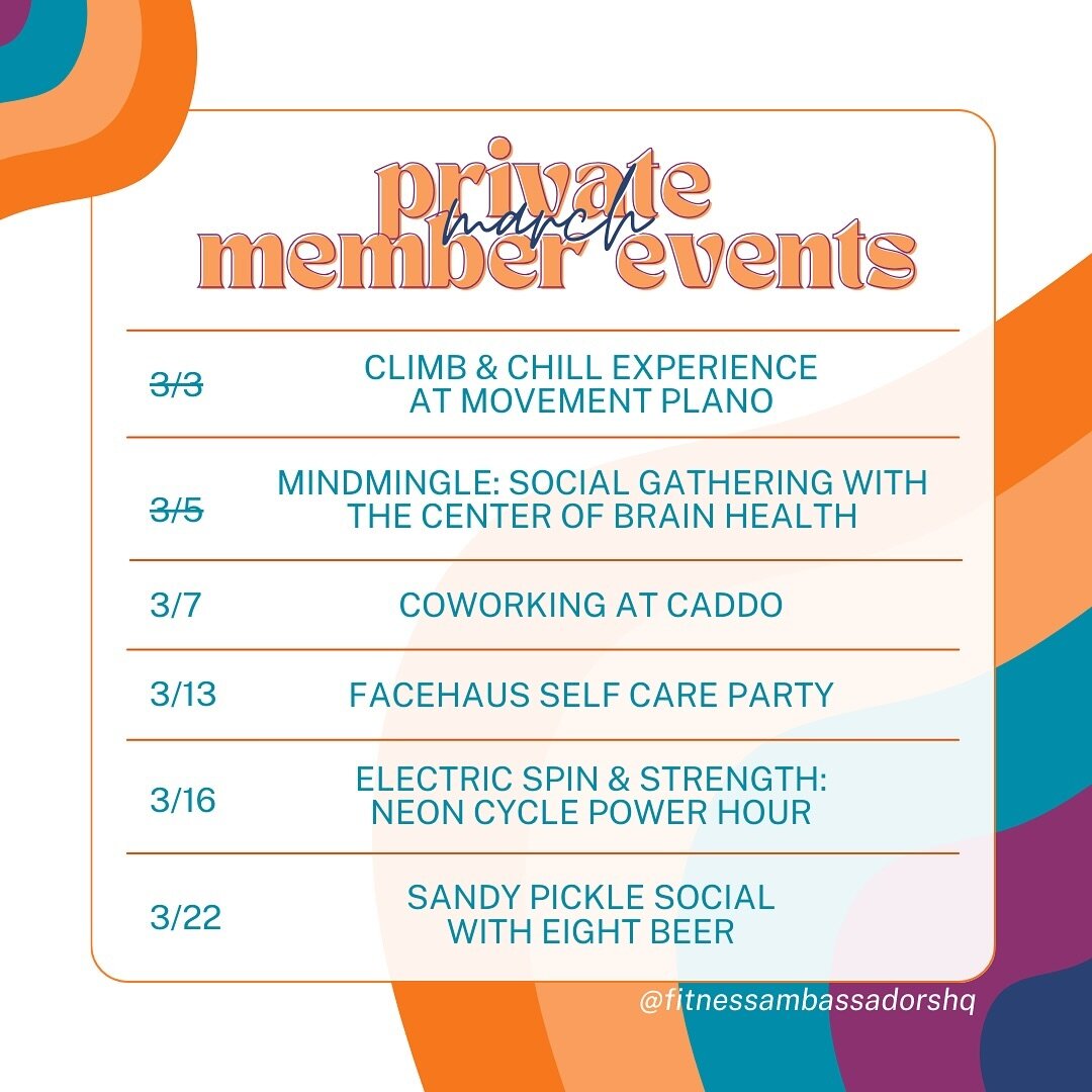 Get ready for an exciting lineup of member-exclusive events this March! 🙌🏼

We can&rsquo;t wait to announce our upcoming visits to some fantastic partners:

@movementgymsdfw
@centerforbrainhealth
@caddoofficereimagined
@facehaus
@neon_strong
@sandy