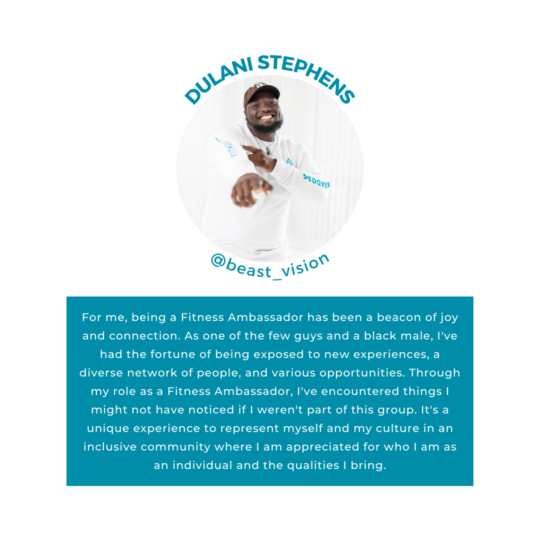 Man in white attire posing with a smile, captioned with personal insights about being a Fitness Ambassador. Text mentions joy, connection, diverse networks, and cultural representation.
