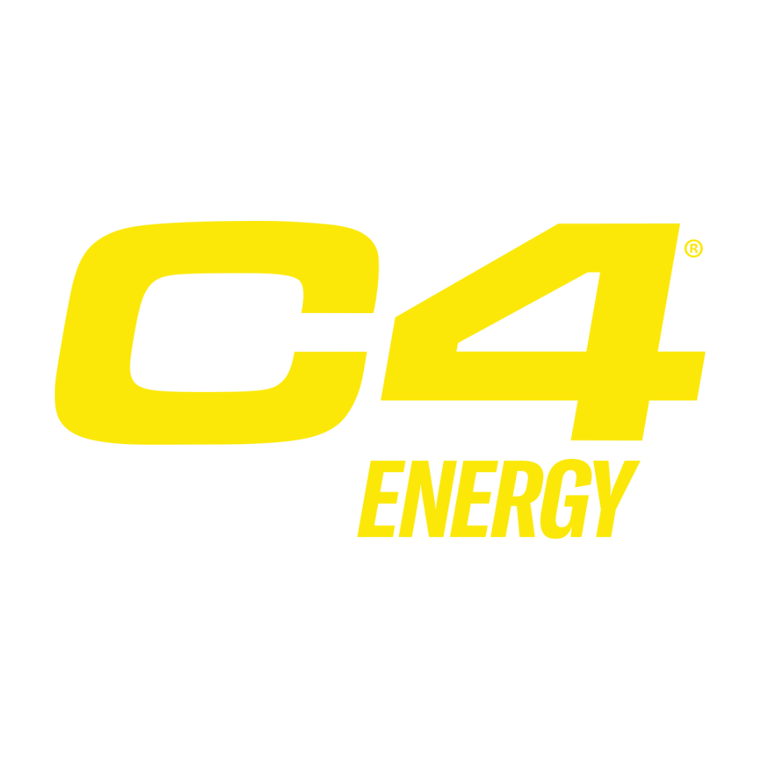 C4 Energy logo in bold yellow font on a black background.