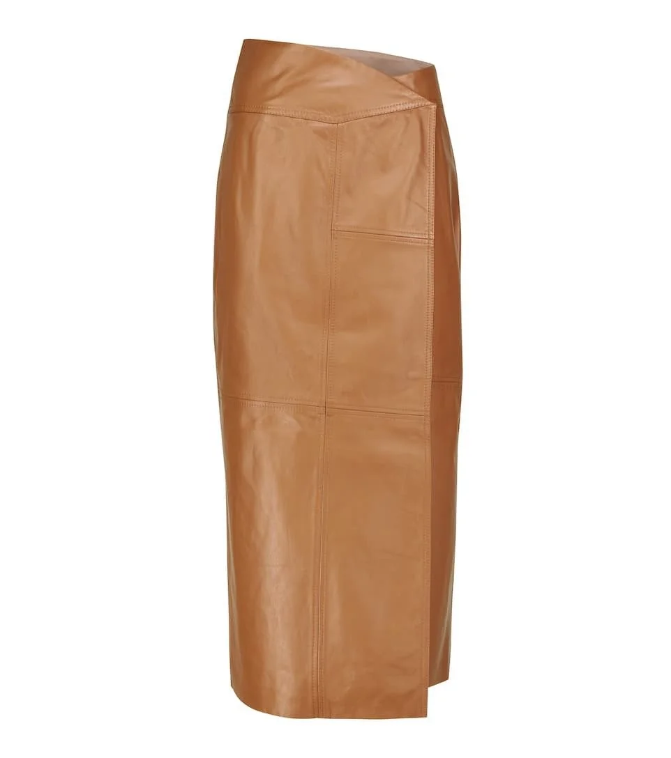 Cognac Leather Midi Skirt