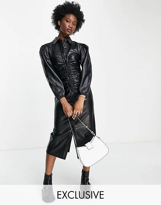 Ruched Front Faux Leather Dress