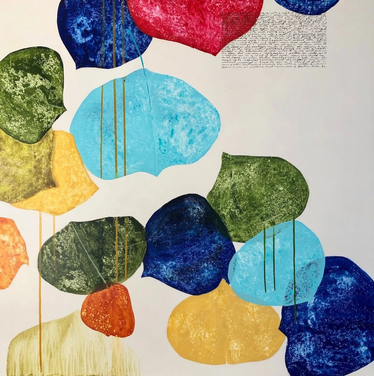 “leaves scatter, a confetti of color”, acrylic mixed media on wood panel, 48” x 48”