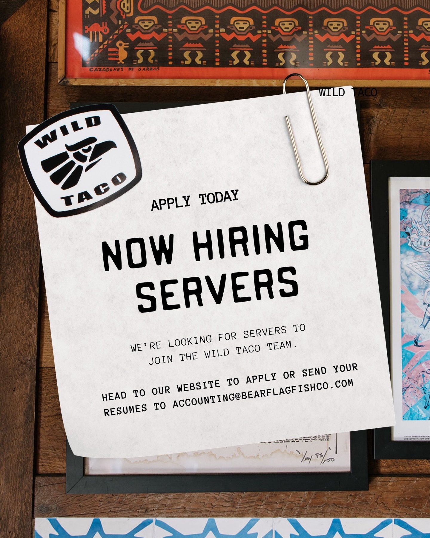 Serve up tacos, good vibes, and great energy 🌮🍻
Wild Taco is hiring servers!

Hit the Careers tab on our website to apply and be part of the team or send your resume to: accounting@bearflagfishco.com