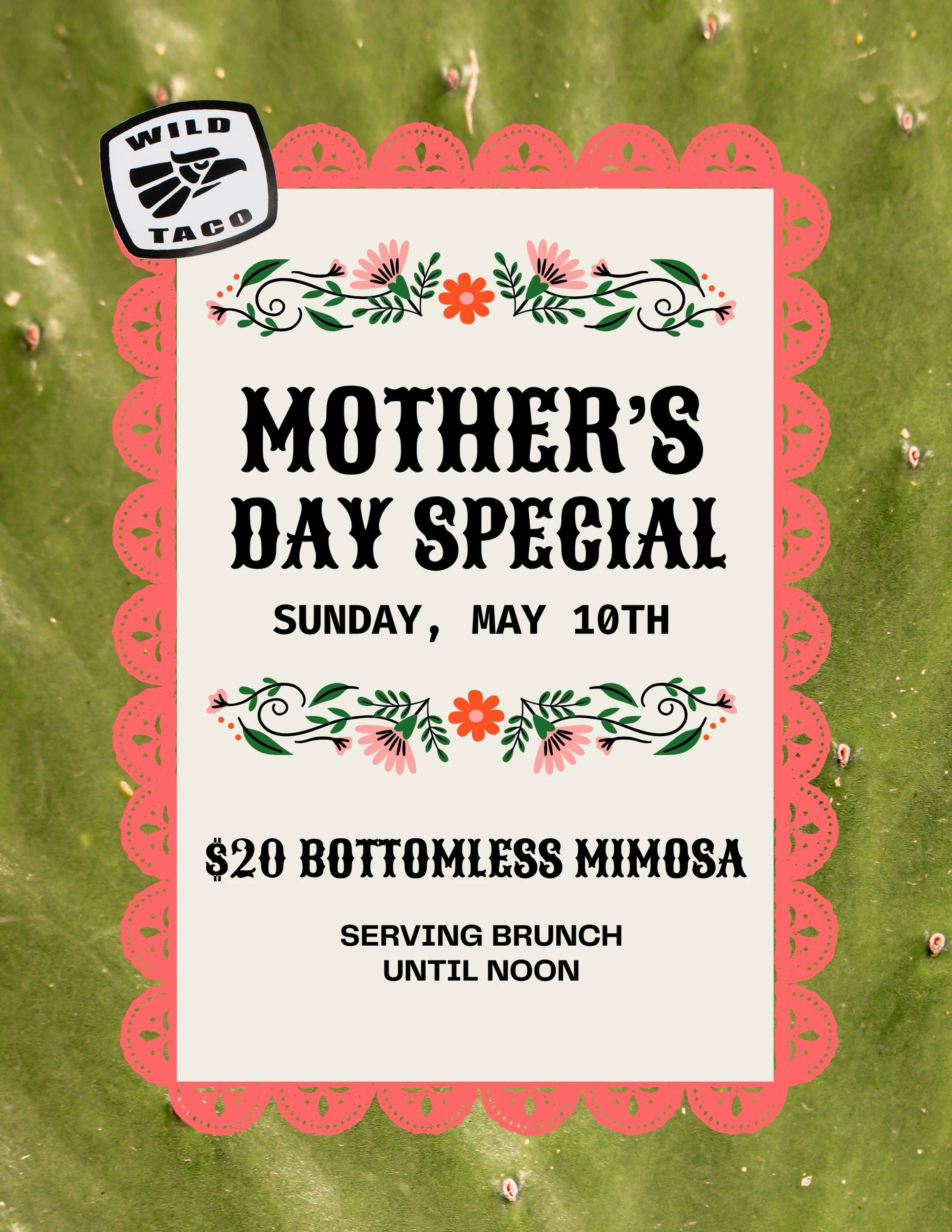 Tomorrow we&rsquo;re celebrating Mother&rsquo;s Day with $20 bottomless mimosas + brunch until noon🌸

Breakfast burritos, breakfast tacos, skillets + more &mdash; with bacon or chorizo options available. 🥂🌮