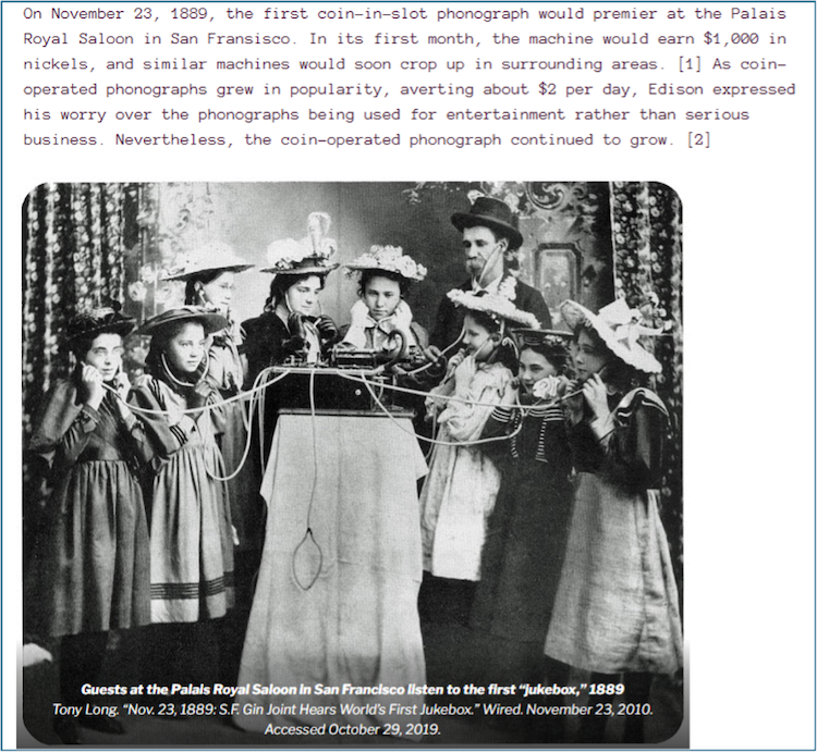 Guests at the Palais Royal Saloon in San Francisco listen to the first "jukebox," 1889