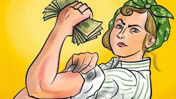 Illustration of a woman in a classic "We Can Do It!" pose, holding a fan of dollars