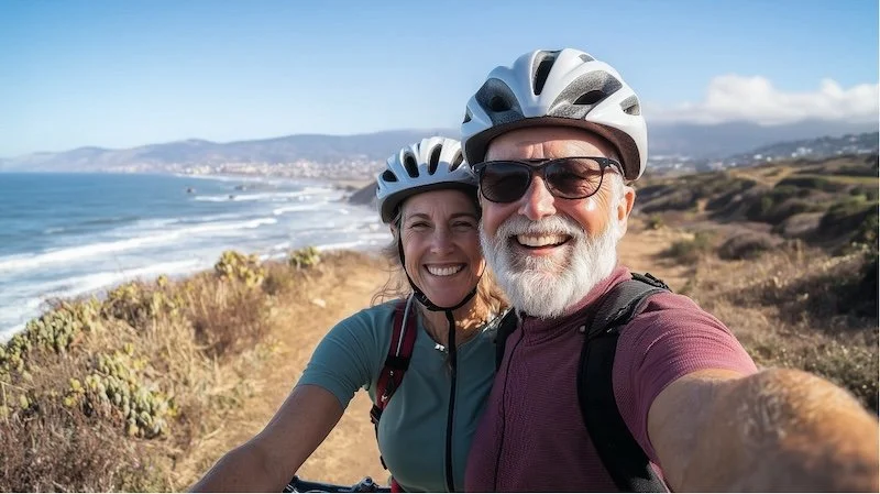happy couple of cyclists taking a selfie by a cliff