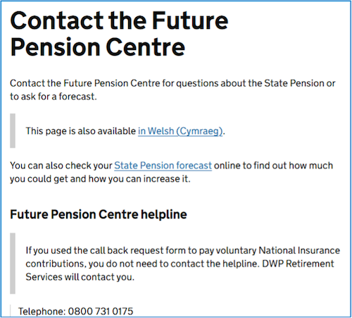 screenshot of the GovUK Future Pension Centre contact page