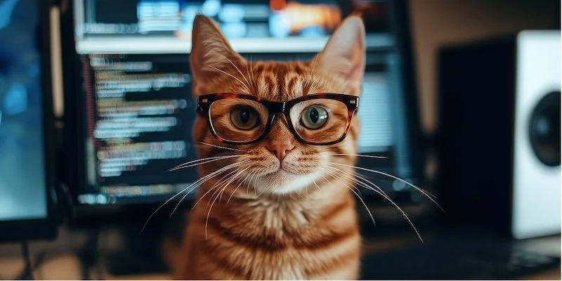 ginger cat with glasses sitting at a desk with computer screens
