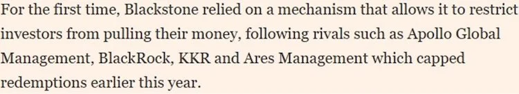 extract of a Financial Times' article about "Blackstone caps withdrawals from flagship private credit fund"