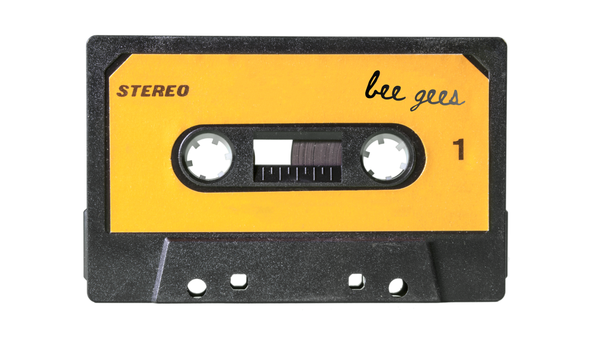 vintage yellow cassette tape labelled "Bee Gees"