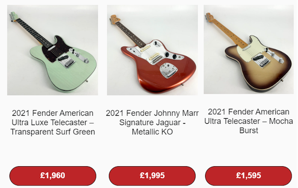 screenshot of three Fender electric guitars and their prices