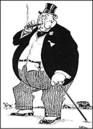 Caricature of a wealthy man with a top hat and tuxedo, smoking a cigar and holding a cane