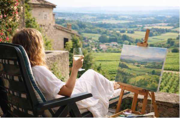 Woman relaxing drinking white wine in the south of France's countryside