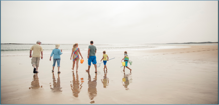 A family walking on the beach