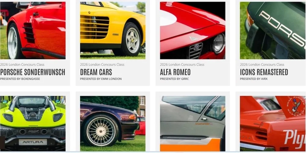 Grid of eight vintage car images at the 2026 London Concours