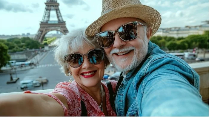smily couple taking a selfie in Paris near the Eiffel Tower