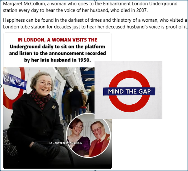 Margaret McCollum sitting at the Embankment underground station