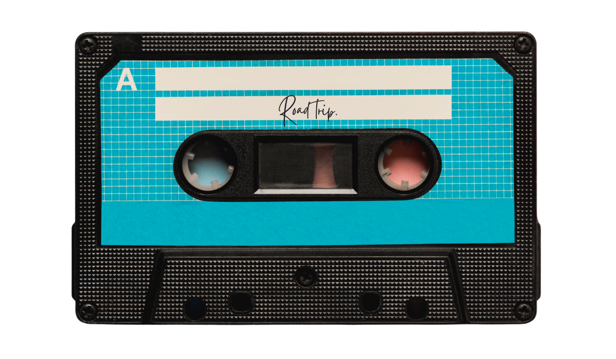 vintage teal cassette tape labelled "Road Trip"