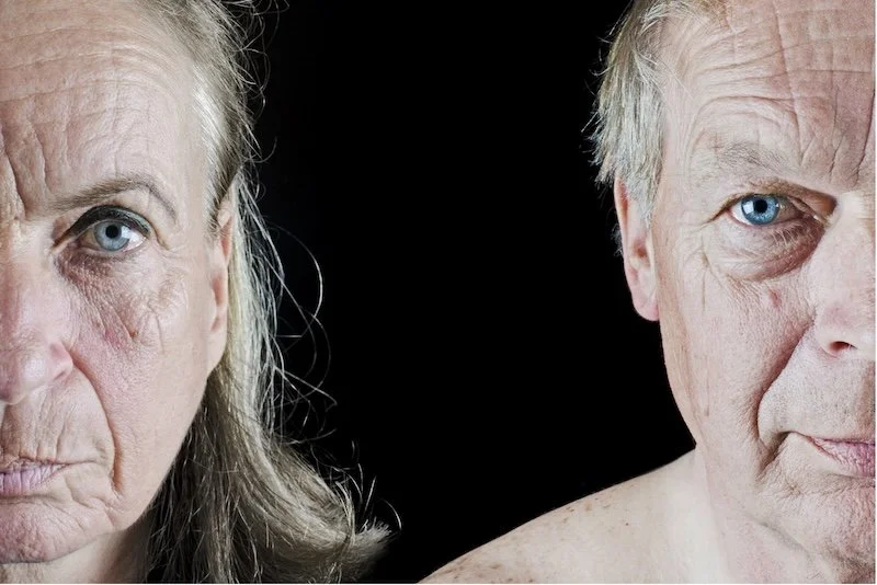 Split image of a serious older woman and man, highlighting their blue eyes