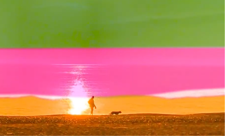 a person walks a dog along a shore under a green, pink and orange sunset
