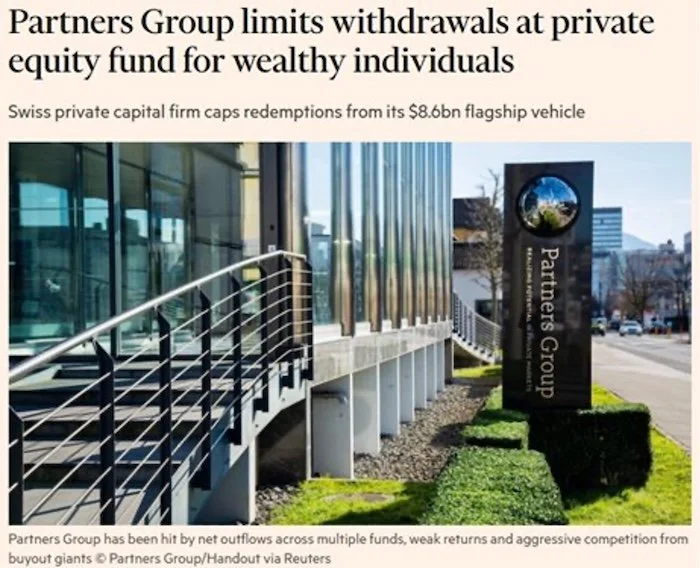 screenshot of a Financial Times' article about "Partners Group limits withdrawals at private equity fund for wealthy individuals"