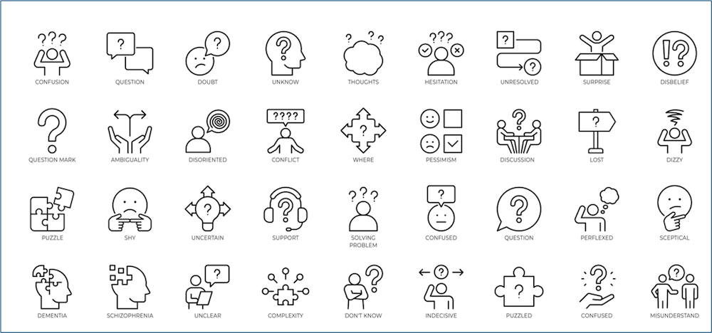 grid of 36 black icons depicting various emotions and concepts