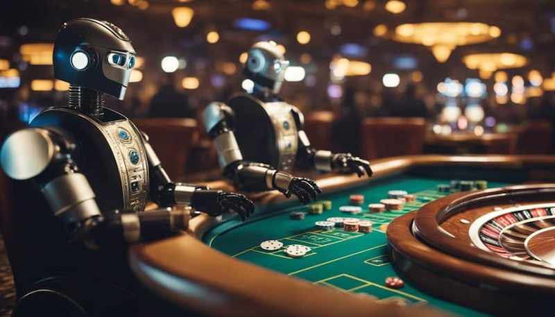 two robots playing at a casino roulette table