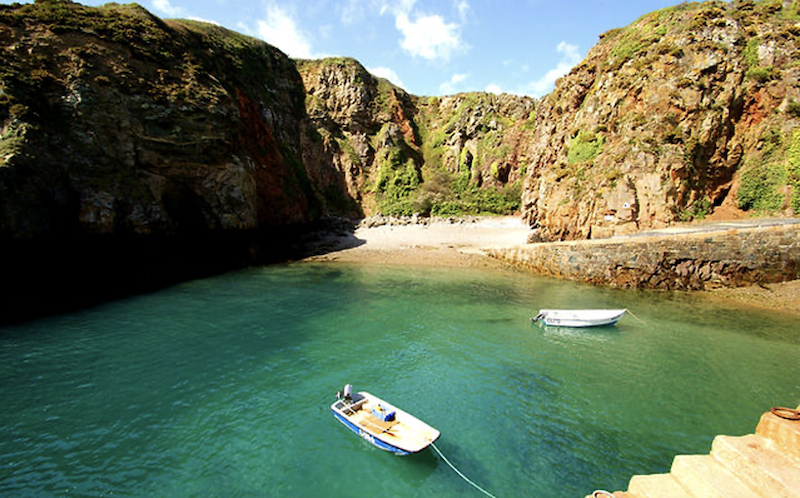 Aereal view of Sark island with turquoise water