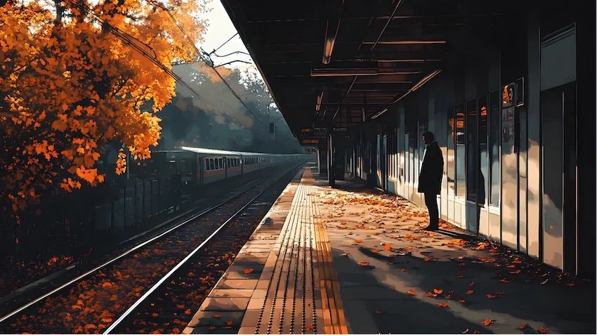 cartoon style picture of a man standing by a train platform in autumn