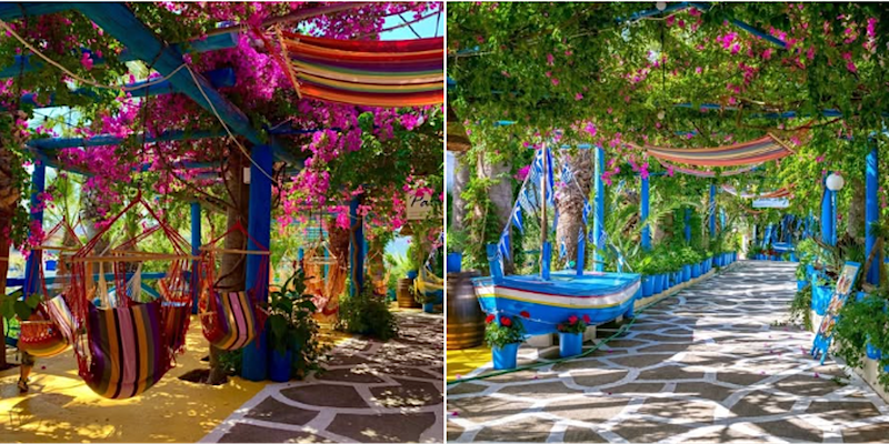 Grek gardens with colourful hammocks and flowers