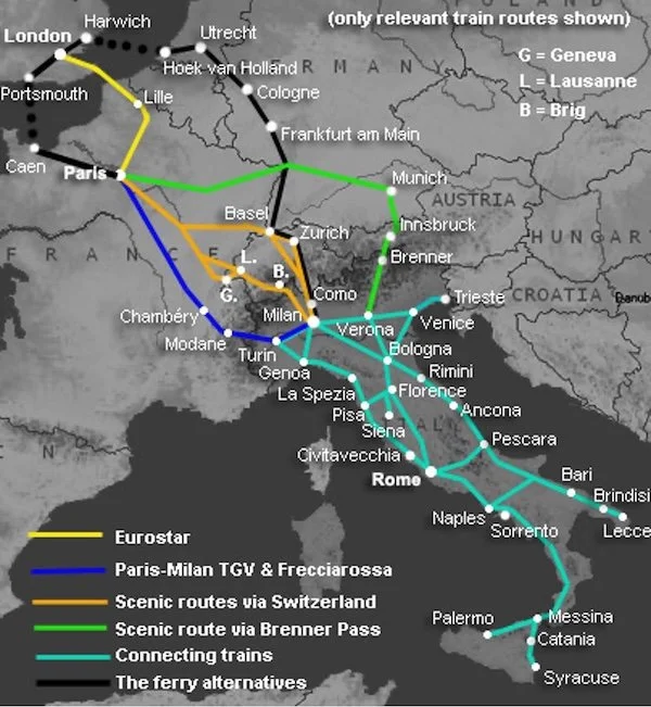 map showing the train routes from London to Sicily