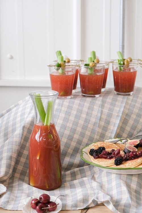 Breakfast buffet by Wild Fork West with bloody mary and pancakes