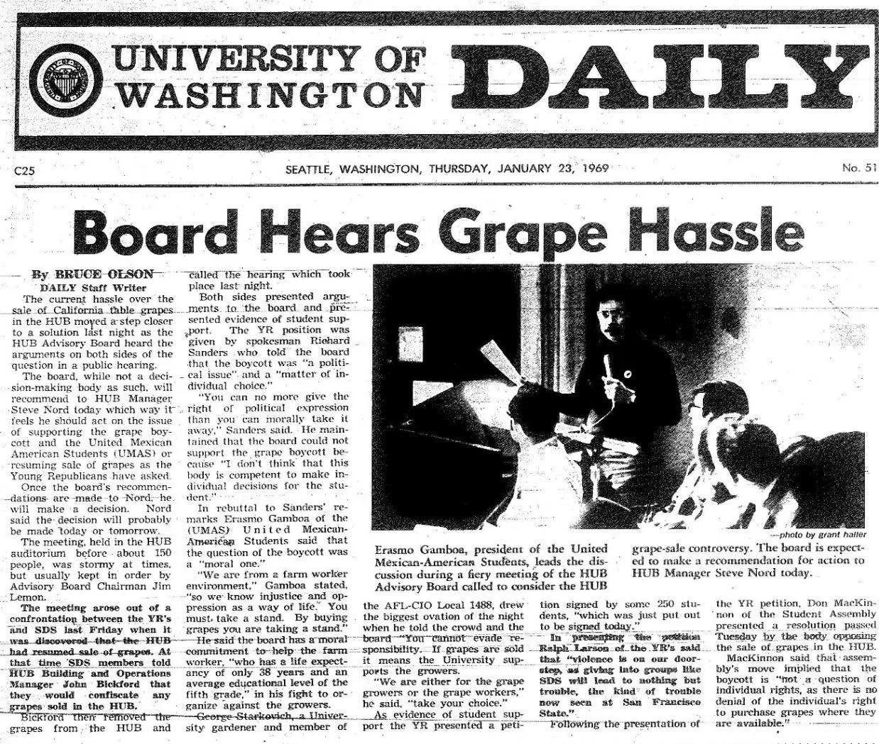   A snapshot of the UW Daily front cover on Jan. 23, 1969. From     The Seattle Civil Rights and Labor History Project     at the University of Washington.  