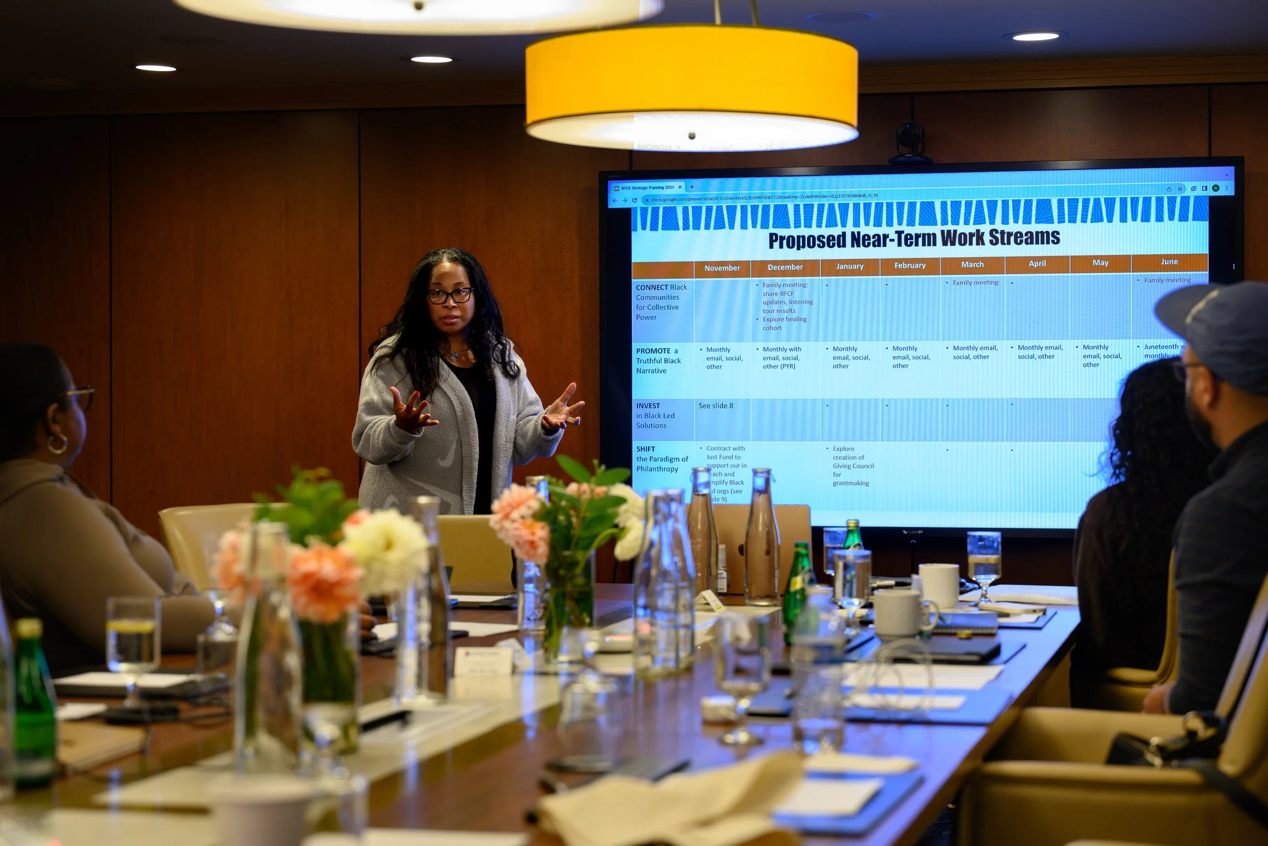 Angela Jones presenting a strategy plan.